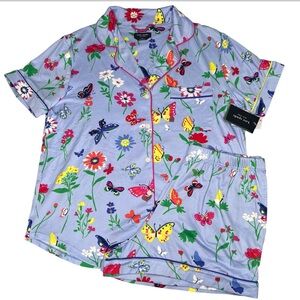 Kate Spade Womens 2 Piece Pajama Set Shorts Blue Floral Butterflies Size Small